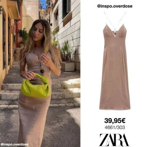 Zara Linen Blend Strappy Open  Back Midi Maxi Dress Beige Tan Brown Size Small - Picture 5 of 16